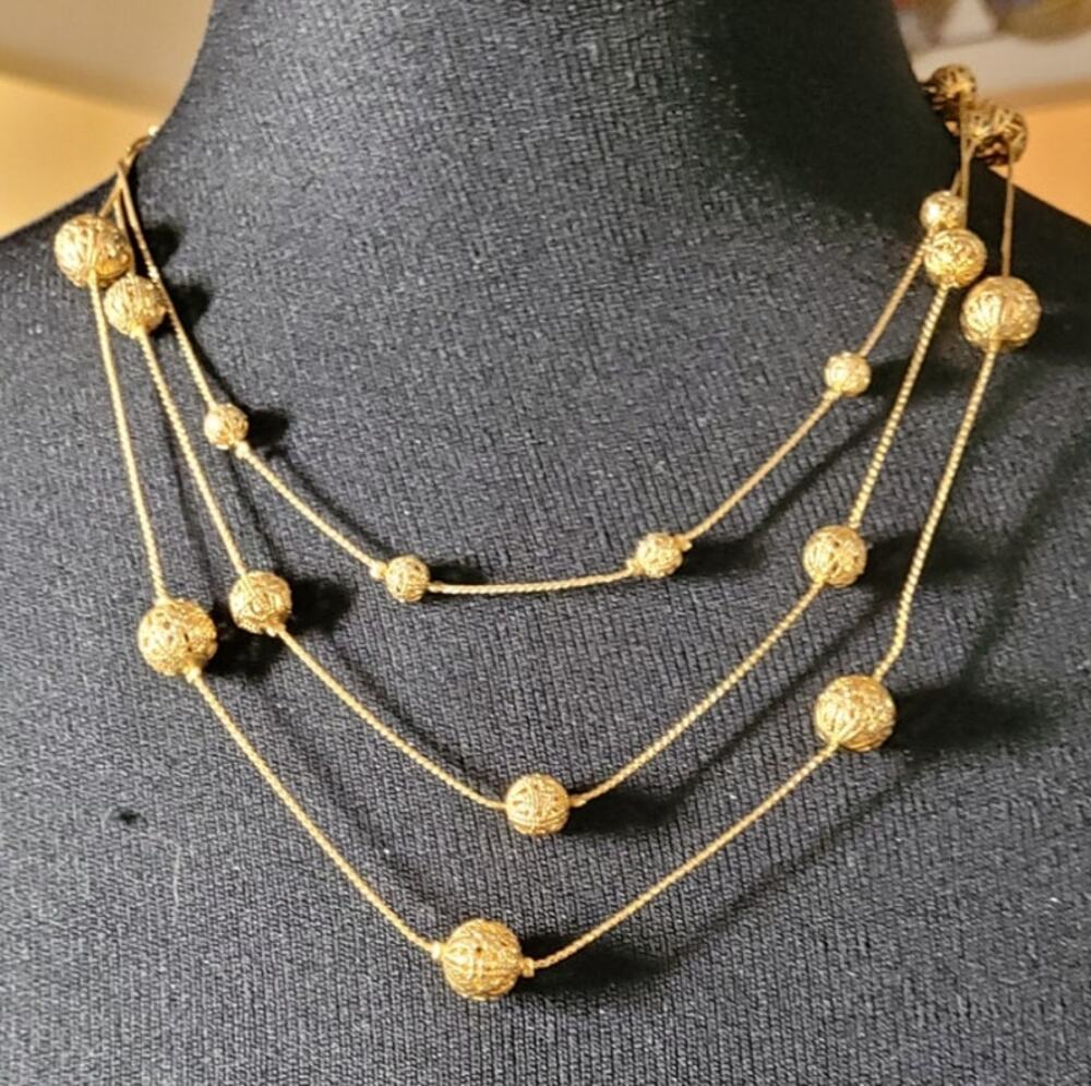 Vintage Signed NR Avon Necklace Filigree Ball Goldtone 3 Strand 20" Retro Y2K